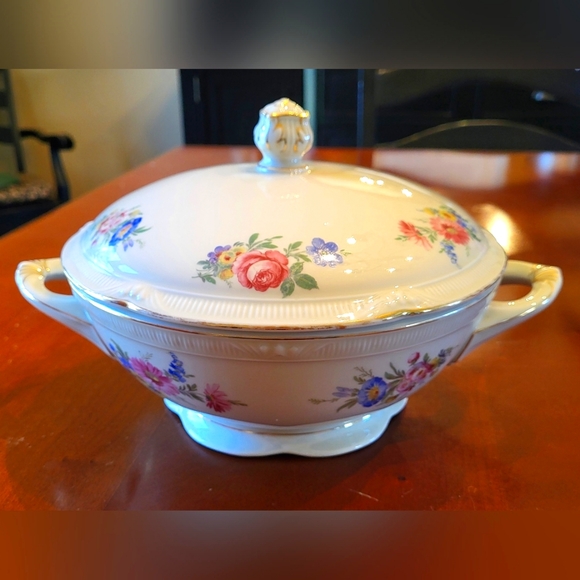 VTG Zeh Scherzer Lg Round Covered Dish Footed 2 Handled Gold Floral Balvarian - Picture 1 of 13